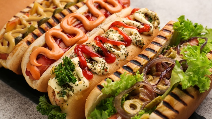 Hot Dogs with different topings and sauces.