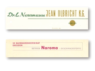 Two letterheads of former OlbrichtArom, the second onw showing the stated owned company in the GDR.