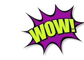 The word WOW in light green capital letters on purple background